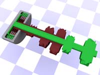 A cutaway of a DSG layshaft. The green inner layshaft has the drive gears for second and fourth whilst the outer red layshaft has drive gears for first, third and fifth.