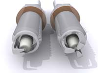 Split electrode (left) and triple electrode (right) spark plug tips